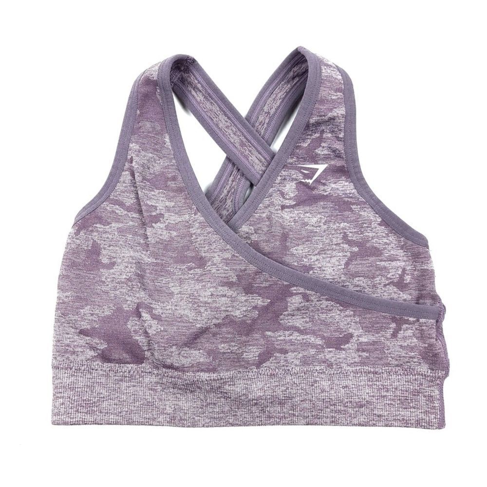 GYMSHARK Adapt Camo Seamless Sports Bra Wrap Front Crop Top Purple Womens XS